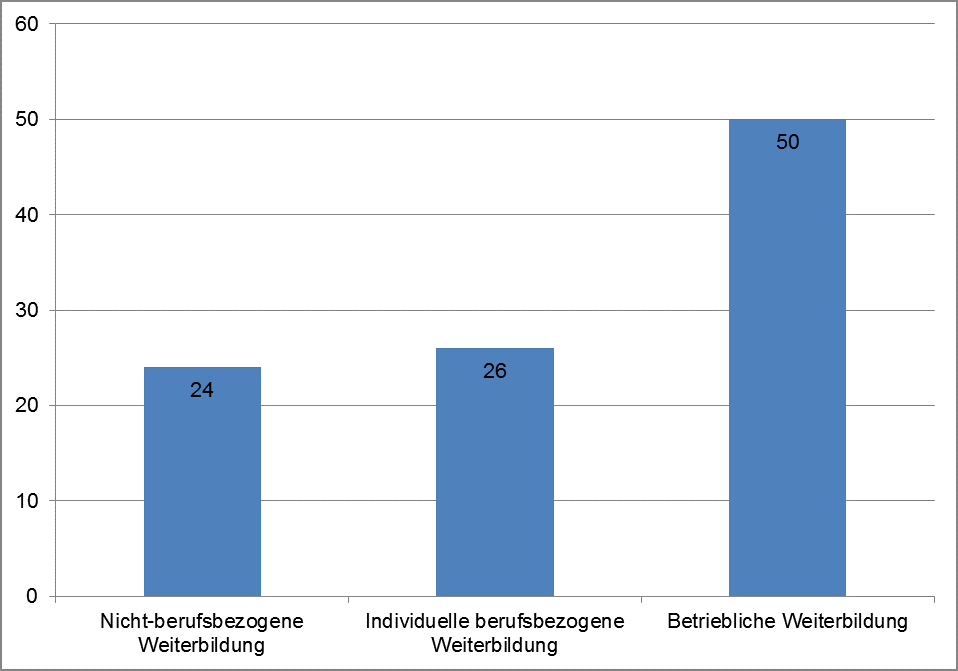 Verteilung des Weiterbildungsvolumens 2012 auf Weiterbildungssegmente (Quelle: Bilger, Gnahs, Hartmann, Kuper, Weiterbildungsverhalten in Deutschland Resultate des AES 2012)